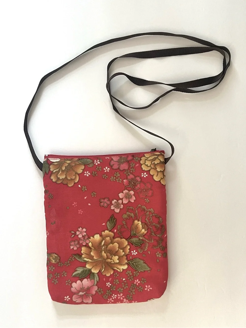 Asian Inspired Red Floral Crossbody with Brown Grosgrain Ribbon Strap